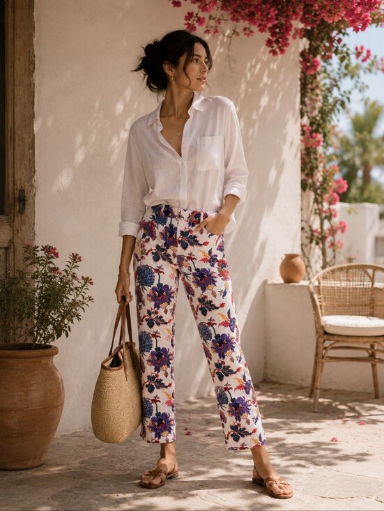 J. Crew Pants - J.CREW Floral‎ Print Cotton Pants White Pockets Straight Leg Mid Rise Size 6